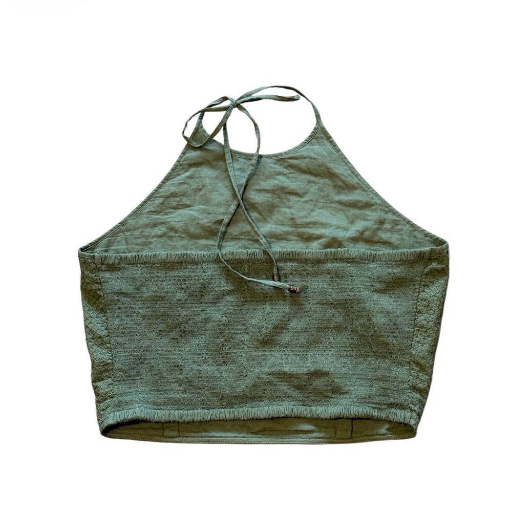 Earthbound Olive Green Halter Crop Top Textured Cotton Smocked Size L - Picture 2 of 2